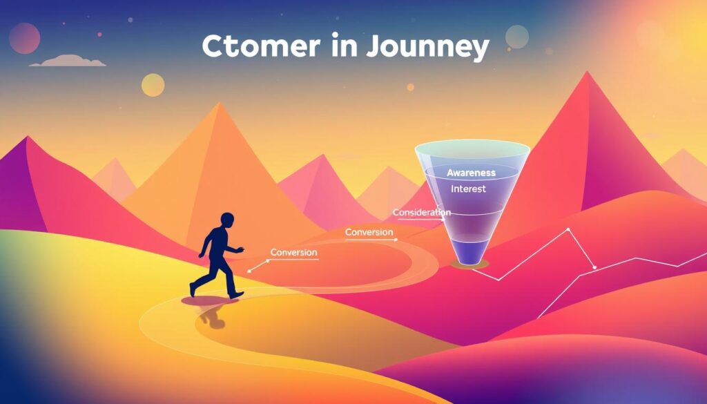 A colorful, dynamic illustration depicting the customer journey and sales funnel stages. In the foreground, a stylized figure navigates a winding path, representing the customer's progression through the funnel. The middle ground showcases distinct, labeled sections for each stage - Awareness, Interest, Consideration, Intent, and Conversion. The background features a vibrant, gradient-based landscape, with geometric shapes and lines suggestive of a digital, data-driven environment. Warm lighting and a sense of depth create an engaging, visually-striking composition that effectively communicates the topic of the customer's journey through the sales funnel. A colorful, dynamic illustration depicting the customer journey and sales funnel stages. In the foreground, a stylized figure navigates a winding path, representing the customer's progression through the funnel. The middle ground showcases distinct, labeled sections for each stage - Awareness, Interest, Consideration, Intent, and Conversion. The background features a vibrant, gradient-based landscape, with geometric shapes and lines suggestive of a digital, data-driven environment. Warm lighting and a sense of depth create an engaging, visually-striking composition that effectively communicates the topic of the customer's journey through the sales funnel.