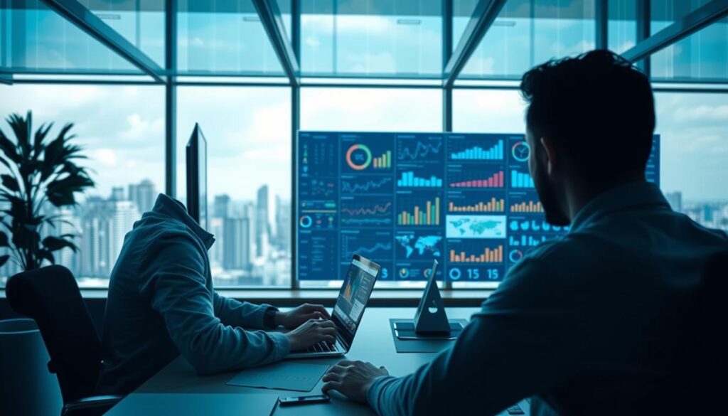 A data-driven decision-making scene with a well-lit, airy atmosphere. In the foreground, a person sitting at a desk, intently studying data visualizations on a laptop screen. The middle ground features a wall of interactive dashboards, charts, and graphs, illuminating insights. In the background, a panoramic window offers a cityscape view, suggesting the wider context informing the decision-making process. The overall mood conveys a sense of focused analysis, informed choices, and a connection between data and real-world impact. A data-driven decision-making scene with a well-lit, airy atmosphere. In the foreground, a person sitting at a desk, intently studying data visualizations on a laptop screen. The middle ground features a wall of interactive dashboards, charts, and graphs, illuminating insights. In the background, a panoramic window offers a cityscape view, suggesting the wider context informing the decision-making process. The overall mood conveys a sense of focused analysis, informed choices, and a connection between data and real-world impact.