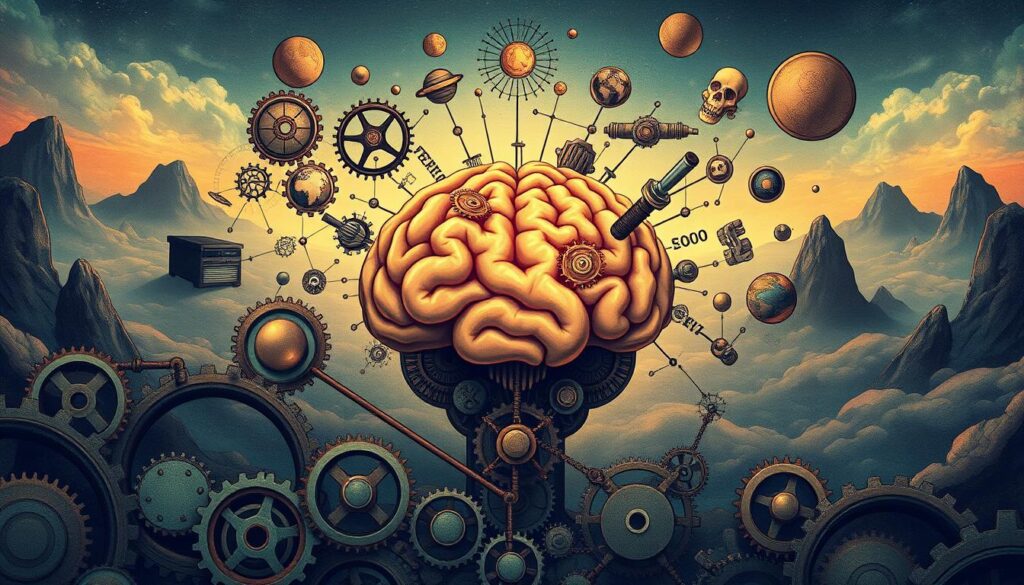 A detailed illustration of "gatilhos mentais" (mental triggers), depicting a human mind surrounded by various psychological cues and stimuli. In the foreground, intricate gears and mechanisms symbolize the complex cognitive processes at play. The middle ground features abstract shapes and symbols representing different psychological triggers, such as emotions, memories, and environmental factors. The background showcases a dreamlike, surreal landscape with ethereal lighting, conveying the subconscious nature of these mental triggers. The overall atmosphere is one of introspection, delving into the intricate workings of the human psyche. A detailed illustration of "gatilhos mentais" (mental triggers), depicting a human mind surrounded by various psychological cues and stimuli. In the foreground, intricate gears and mechanisms symbolize the complex cognitive processes at play. The middle ground features abstract shapes and symbols representing different psychological triggers, such as emotions, memories, and environmental factors. The background showcases a dreamlike, surreal landscape with ethereal lighting, conveying the subconscious nature of these mental triggers. The overall atmosphere is one of introspection, delving into the intricate workings of the human psyche.