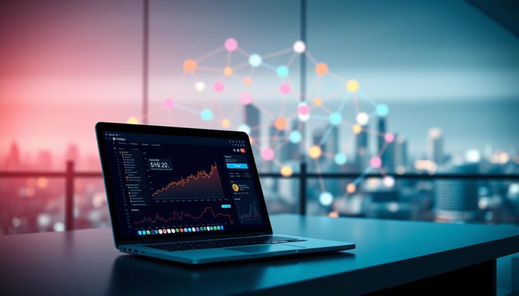 A digital marketing context with a modern, minimalist aesthetic. In the foreground, a laptop displays analytics data and digital marketing tools. In the middle ground, colorful abstract shapes and gradients symbolize the interconnected, dynamic nature of online marketing. The background features a soft, blurred cityscape, hinting at the global reach and scale of digital campaigns. The lighting is clean and directional, creating depth and emphasizing the technology-driven theme. The overall mood is one of professionalism, innovation, and data-driven insights. A digital marketing context with a modern, minimalist aesthetic. In the foreground, a laptop displays analytics data and digital marketing tools. In the middle ground, colorful abstract shapes and gradients symbolize the interconnected, dynamic nature of online marketing. The background features a soft, blurred cityscape, hinting at the global reach and scale of digital campaigns. The lighting is clean and directional, creating depth and emphasizing the technology-driven theme. The overall mood is one of professionalism, innovation, and data-driven insights.