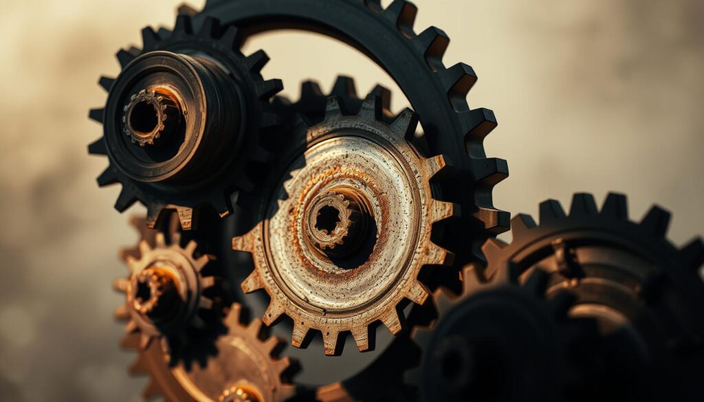 A mental trigger, a psychological mechanism that subconsciously activates a specific behavior or response. Depicted as a set of gears or cogs, each one representing a different trigger, interlocked and in motion, powering a larger mechanism. The gears are rendered in muted metallic tones, with subtle rusting and wear, conveying the idea of deep-rooted, habitual patterns. The scene is lit from the side, casting dramatic shadows and highlights, emphasizing the intricate, mechanical nature of these mental triggers. The background is hazy, out of focus, suggesting the subconscious, implicit nature of these psychological phenomena. The overall mood is pensive, contemplative, inviting the viewer to reflect on the hidden drivers of their own behavior. A mental trigger, a psychological mechanism that subconsciously activates a specific behavior or response. Depicted as a set of gears or cogs, each one representing a different trigger, interlocked and in motion, powering a larger mechanism. The gears are rendered in muted metallic tones, with subtle rusting and wear, conveying the idea of deep-rooted, habitual patterns. The scene is lit from the side, casting dramatic shadows and highlights, emphasizing the intricate, mechanical nature of these mental triggers. The background is hazy, out of focus, suggesting the subconscious, implicit nature of these psychological phenomena. The overall mood is pensive, contemplative, inviting the viewer to reflect on the hidden drivers of their own behavior.