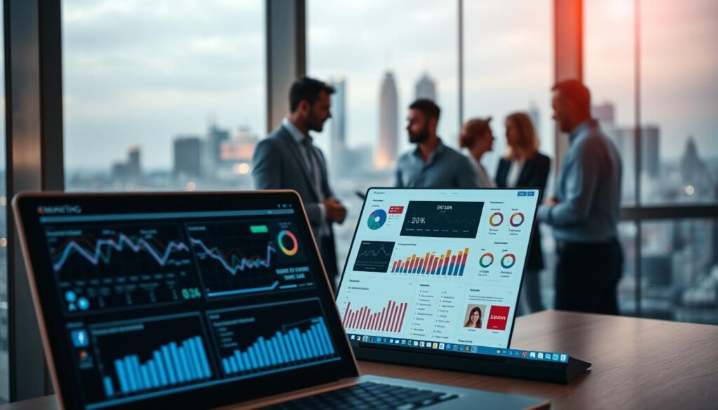 A professional digital marketing landscape, with a focus on current trends and strategies. In the foreground, a laptop screen displays data visualizations, analytics dashboards, and social media platforms. In the middle ground, a team of marketing professionals collaborates, discussing campaigns and optimizing digital channels. The background features a cityscape, symbolizing the global reach and interconnectedness of modern marketing. Soft, warm lighting creates a sense of productivity and innovation. The overall atmosphere conveys the dynamic, data-driven nature of contemporary digital marketing. A professional digital marketing landscape, with a focus on current trends and strategies. In the foreground, a laptop screen displays data visualizations, analytics dashboards, and social media platforms. In the middle ground, a team of marketing professionals collaborates, discussing campaigns and optimizing digital channels. The background features a cityscape, symbolizing the global reach and interconnectedness of modern marketing. Soft, warm lighting creates a sense of productivity and innovation. The overall atmosphere conveys the dynamic, data-driven nature of contemporary digital marketing.