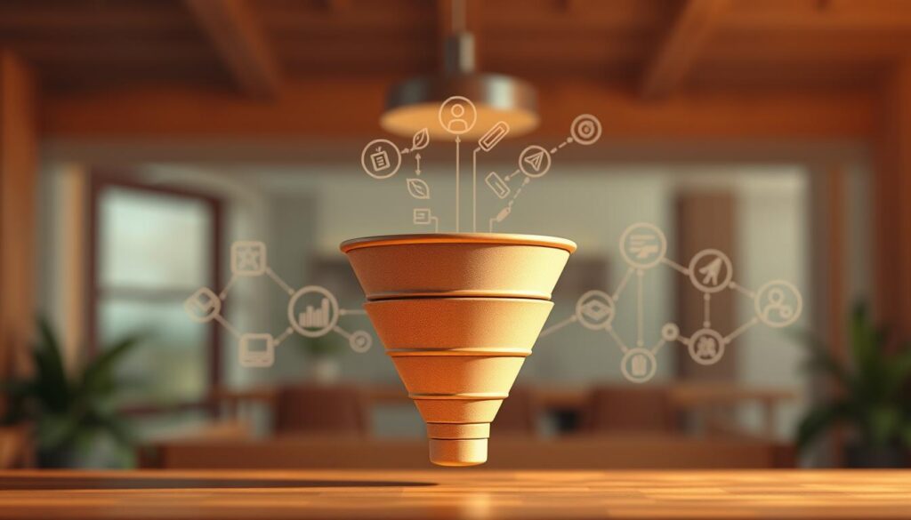 A warm and inviting sales funnel concept, captured in a crisp, realistic illustration. In the foreground, a stylized sales funnel takes center stage, its layers representing the different stages of the buyer's journey. The funnel is rendered in a neutral, earthy color palette, evoking a sense of trust and professionalism. In the middle ground, a series of interconnected icons and illustrations hint at the various touchpoints and content pieces that guide the lead through the funnel. The background is softly blurred, creating a sense of depth and focus on the central funnel element. The overall composition is balanced and harmonious, with careful attention to lighting and perspective to create a visually compelling and conceptually clear image. A warm and inviting sales funnel concept, captured in a crisp, realistic illustration. In the foreground, a stylized sales funnel takes center stage, its layers representing the different stages of the buyer's journey. The funnel is rendered in a neutral, earthy color palette, evoking a sense of trust and professionalism. In the middle ground, a series of interconnected icons and illustrations hint at the various touchpoints and content pieces that guide the lead through the funnel. The background is softly blurred, creating a sense of depth and focus on the central funnel element. The overall composition is balanced and harmonious, with careful attention to lighting and perspective to create a visually compelling and conceptually clear image.